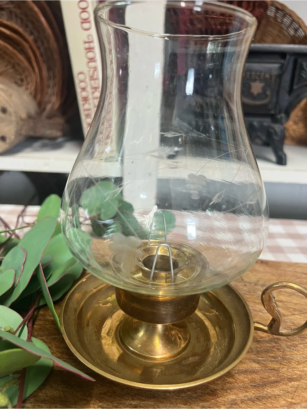 Vintage brass and glass candle holder chamber candlestick decor farmhouse